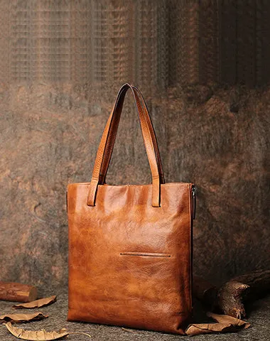 Best Brown Leather Womens Vertical Tote Handbag Handmade Vintage Tote Shoulder Purse for Ladies