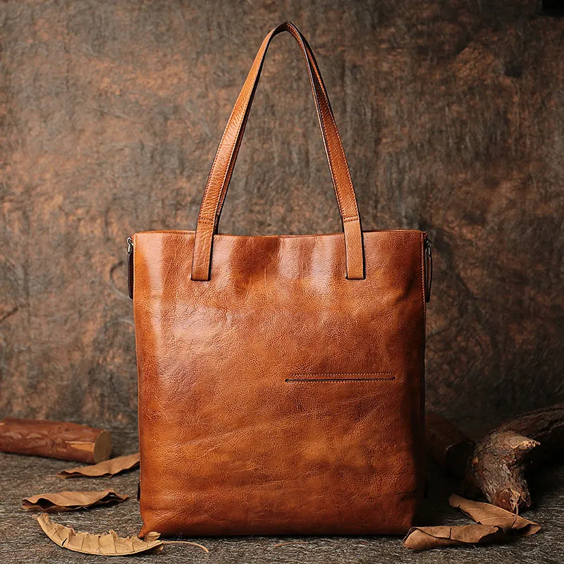 Best Brown Leather Womens Vertical Tote Handbag Handmade Vintage Tote Shoulder Purse for Ladies