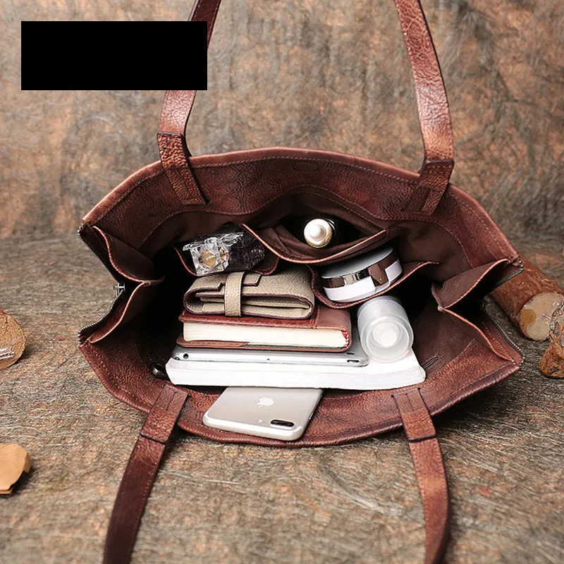 Best Brown Leather Womens Vertical Tote Handbag Handmade Vintage Tote Shoulder Purse for Ladies