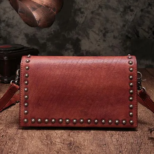 Brown Womens Vintage Leather Shoulder Purse Green Studded Small Red Side Bag Purse for Ladies