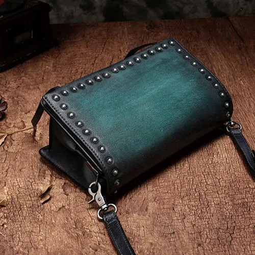 Brown Womens Vintage Leather Shoulder Purse Green Studded Small Red Side Bag Purse for Ladies