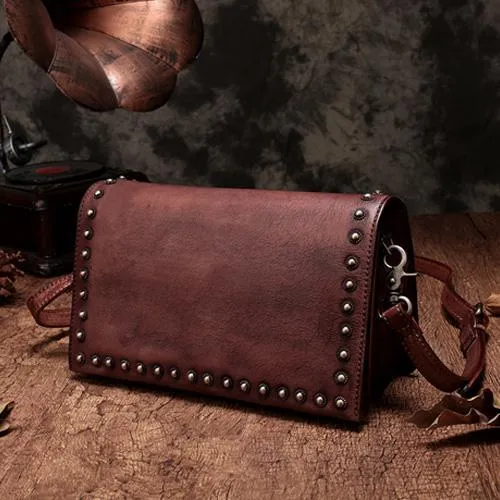 Brown Womens Vintage Leather Shoulder Purse Green Studded Small Red Side Bag Purse for Ladies
