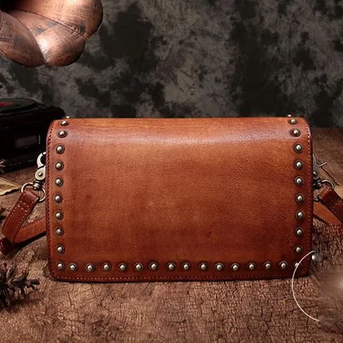 Brown Womens Vintage Leather Shoulder Purse Green Studded Small Red Side Bag Purse for Ladies