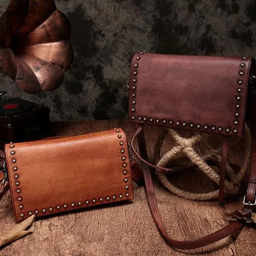 Brown Womens Vintage Leather Shoulder Purse Green Studded Small Red Side Bag Purse for Ladies