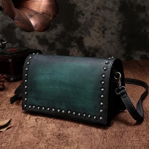 Brown Womens Vintage Leather Shoulder Purse Green Studded Small Red Side Bag Purse for Ladies