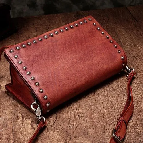 Brown Womens Vintage Leather Shoulder Purse Green Studded Small Red Side Bag Purse for Ladies