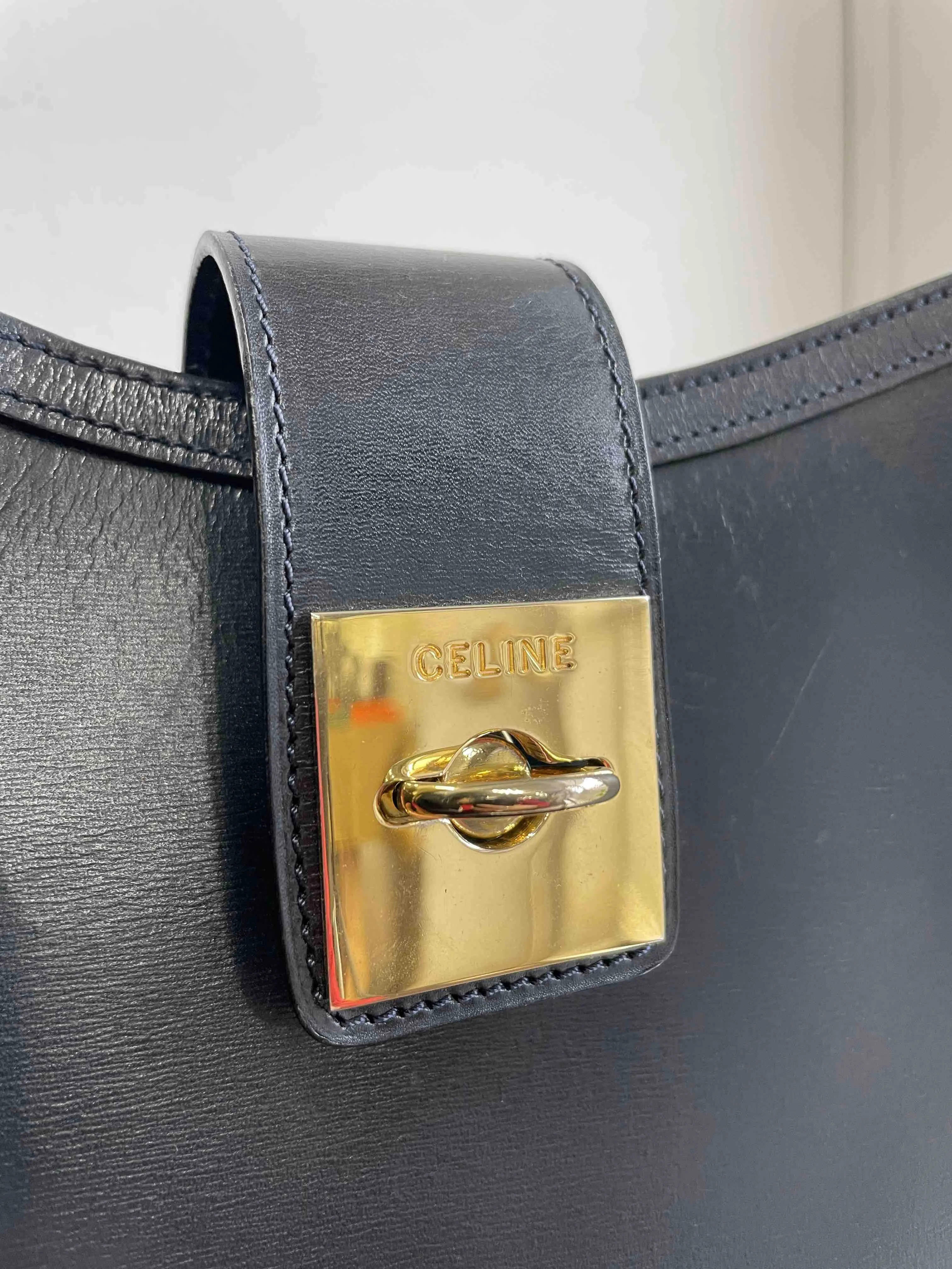 CELINE Hobo Bag RE014 Black Leather Shoulder Bag