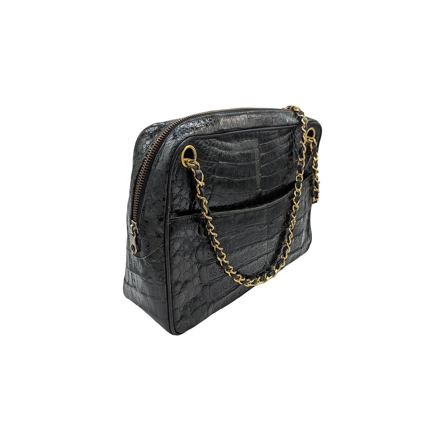 Chanel 80s Black Shiny Alligator Camera Shoulder Bag