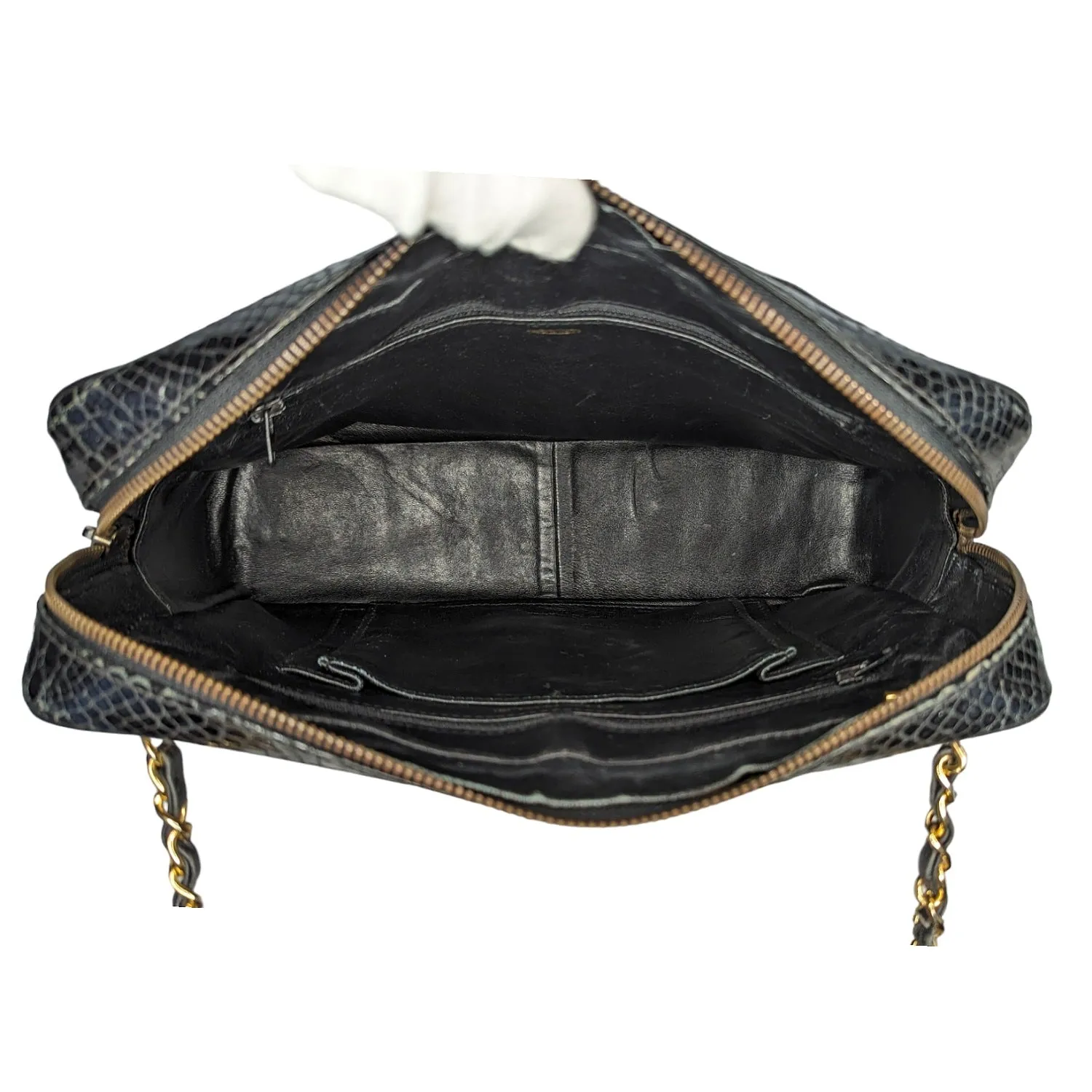 Chanel 80s Black Shiny Alligator Camera Shoulder Bag