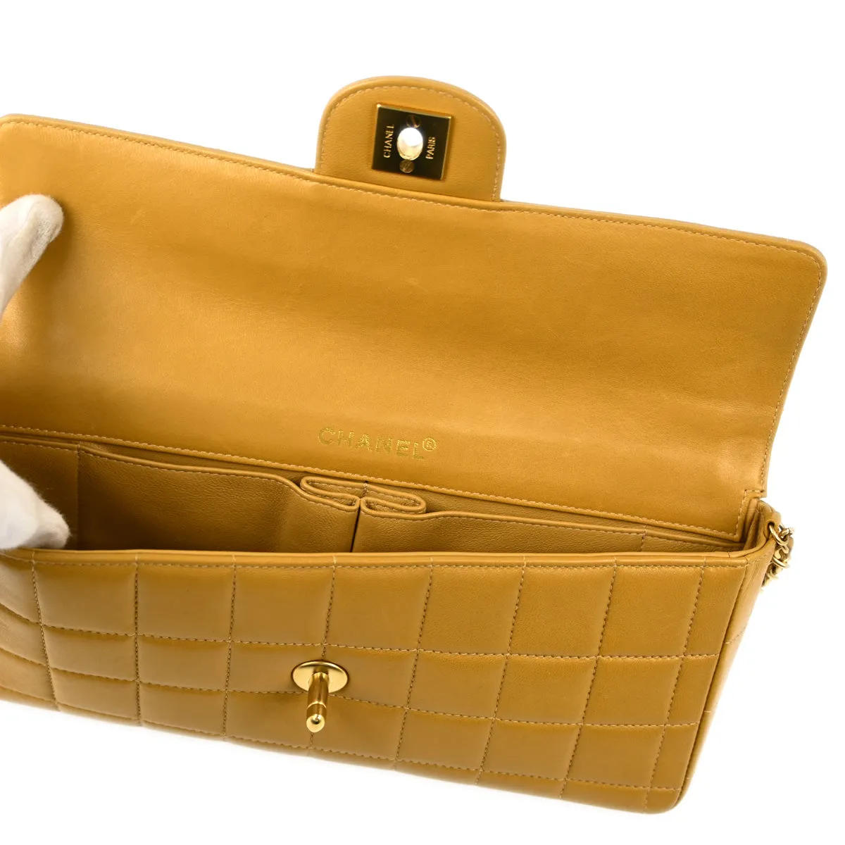 Chanel Beige Lambskin East West Choco Bar Chain Shoulder Bag