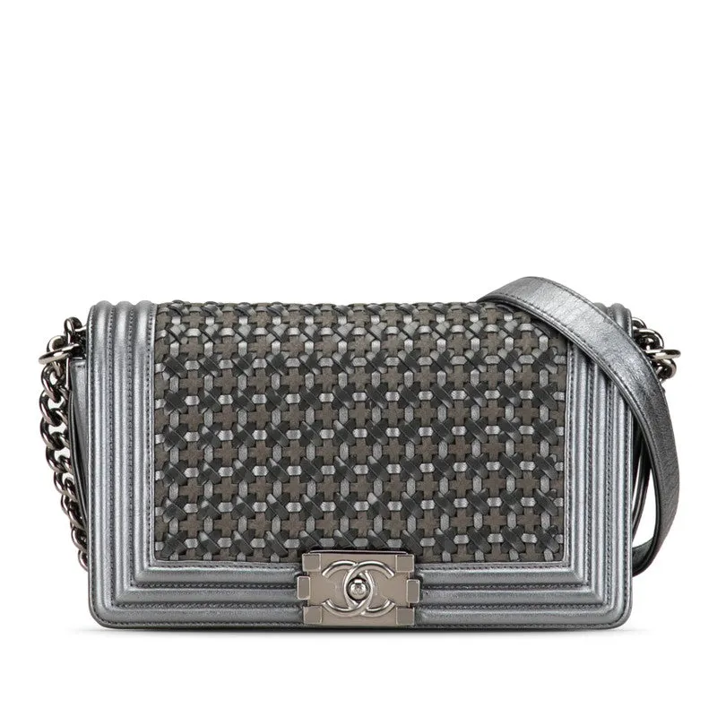 Chanel Boy Chanel 25 Chain Shoulder Bag Khaki Silver Leather   CHANEL