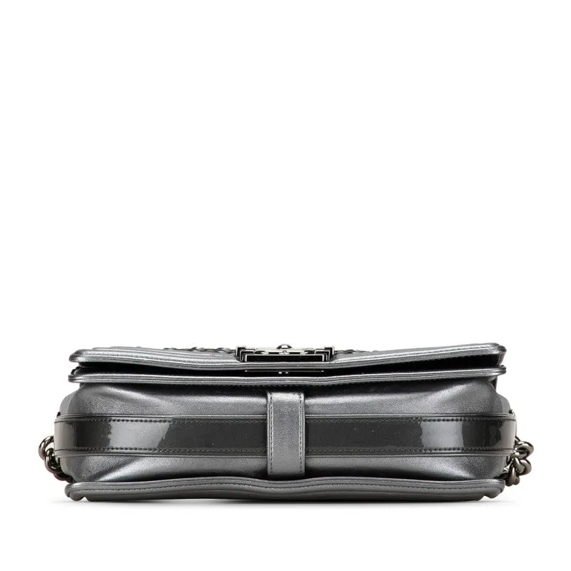 Chanel Boy Chanel 25 Chain Shoulder Bag Khaki Silver Leather   CHANEL