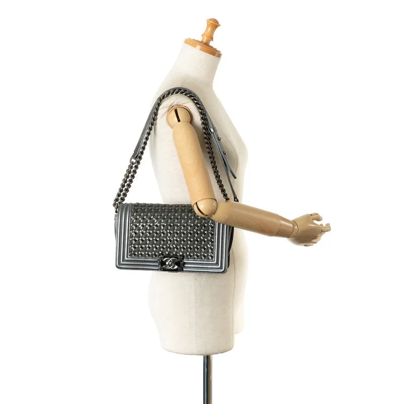 Chanel Boy Chanel 25 Chain Shoulder Bag Khaki Silver Leather   CHANEL