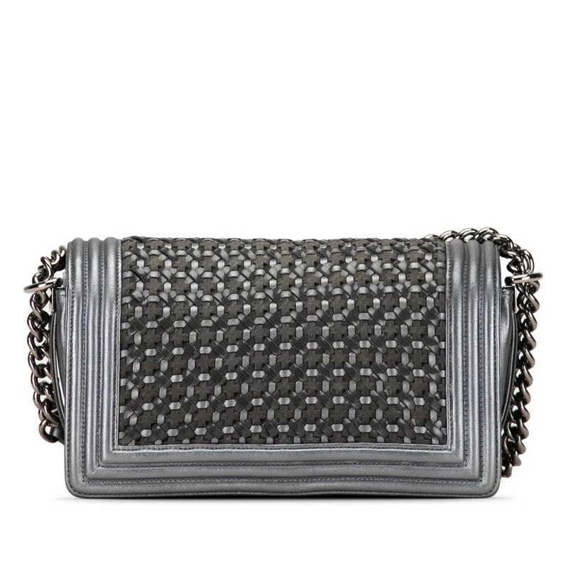 Chanel Boy Chanel 25 Chain Shoulder Bag Khaki Silver Leather   CHANEL