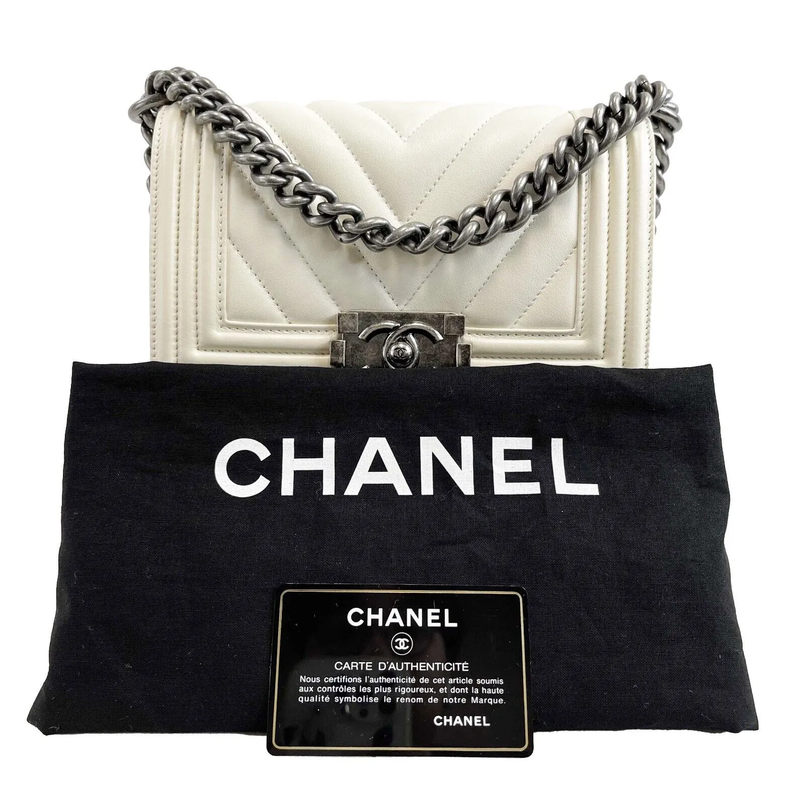 CHANEL Boy Flap Chevron Quilted White Shoulder Bag Mini