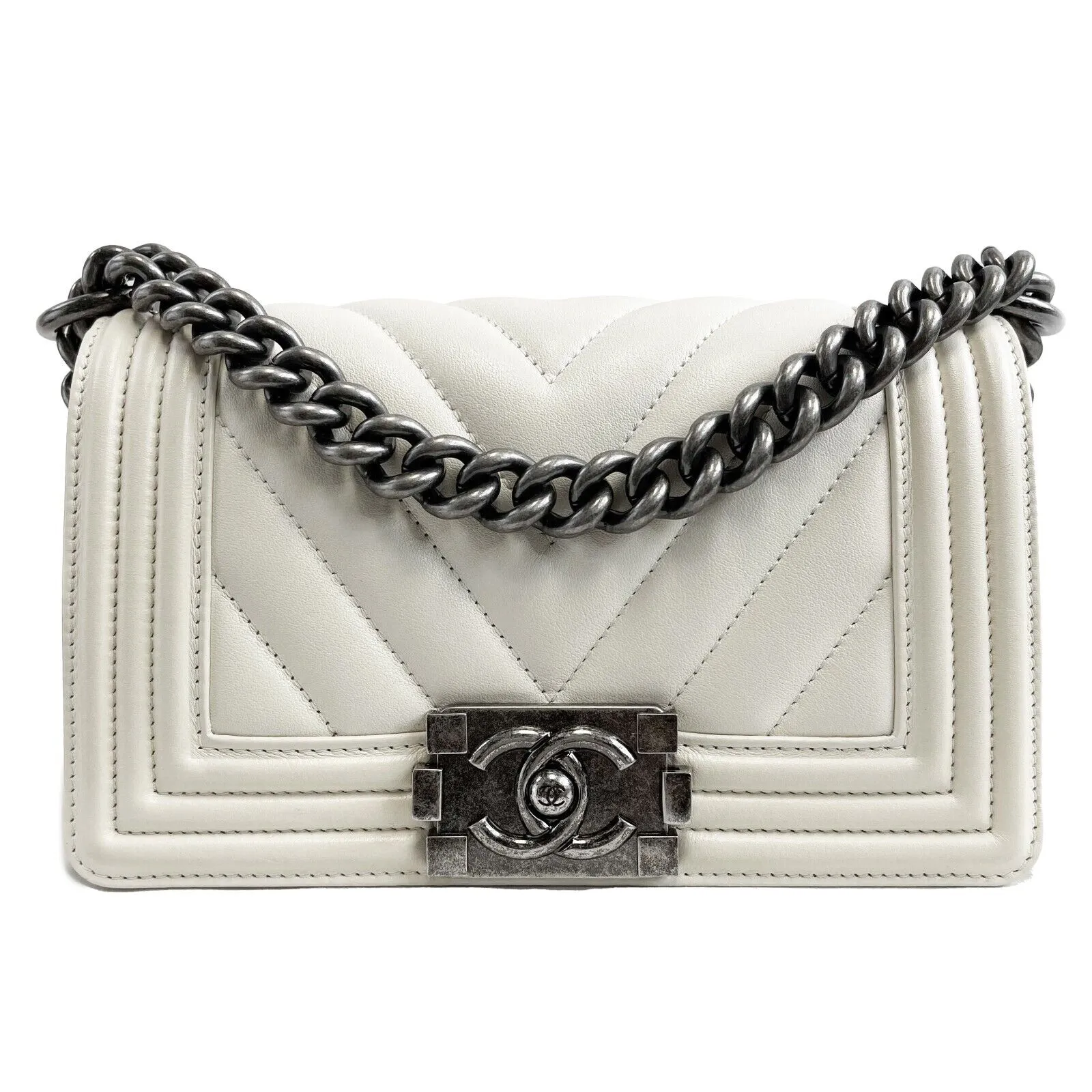 CHANEL Boy Flap Chevron Quilted White Shoulder Bag Mini
