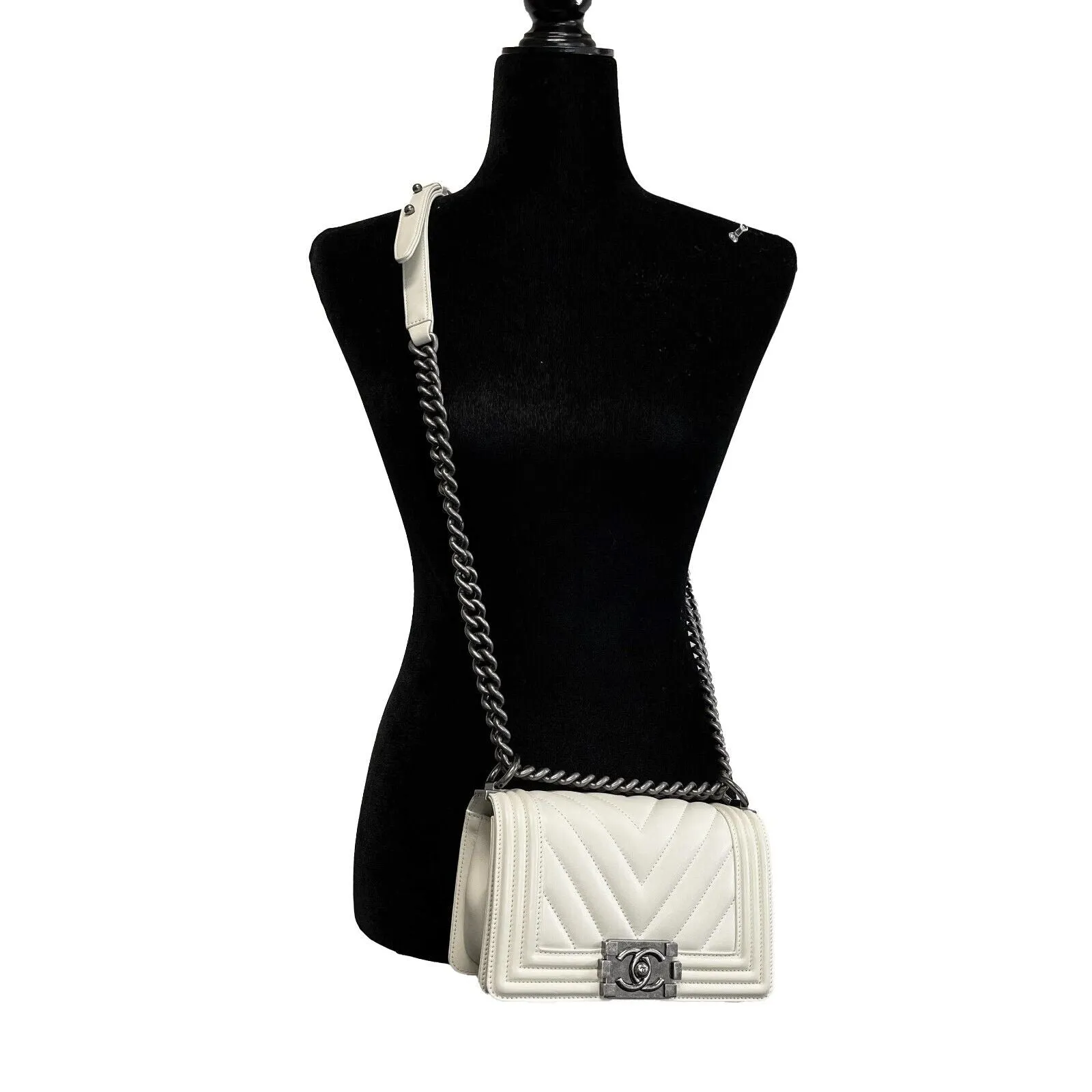 CHANEL Boy Flap Chevron Quilted White Shoulder Bag Mini