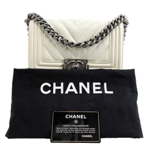 CHANEL Boy Flap Chevron Quilted White Shoulder Bag Mini