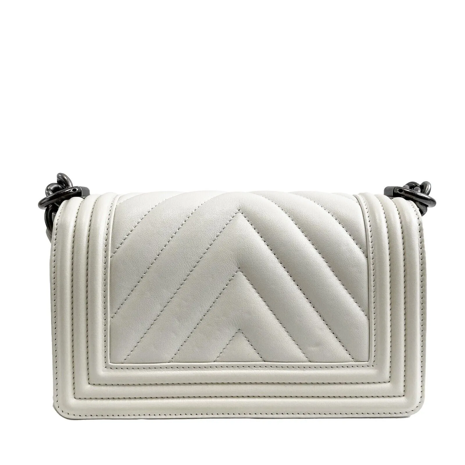 CHANEL Boy Flap Chevron Quilted White Shoulder Bag Mini