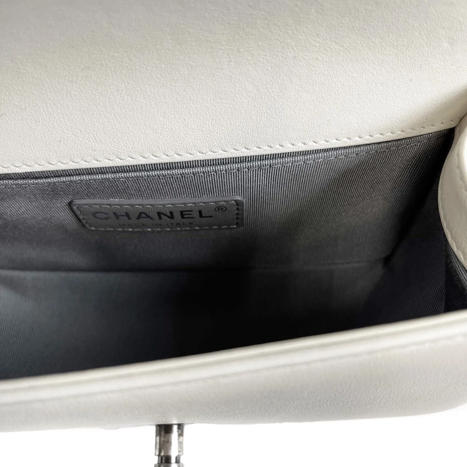 CHANEL Boy Flap Chevron Quilted White Shoulder Bag Mini