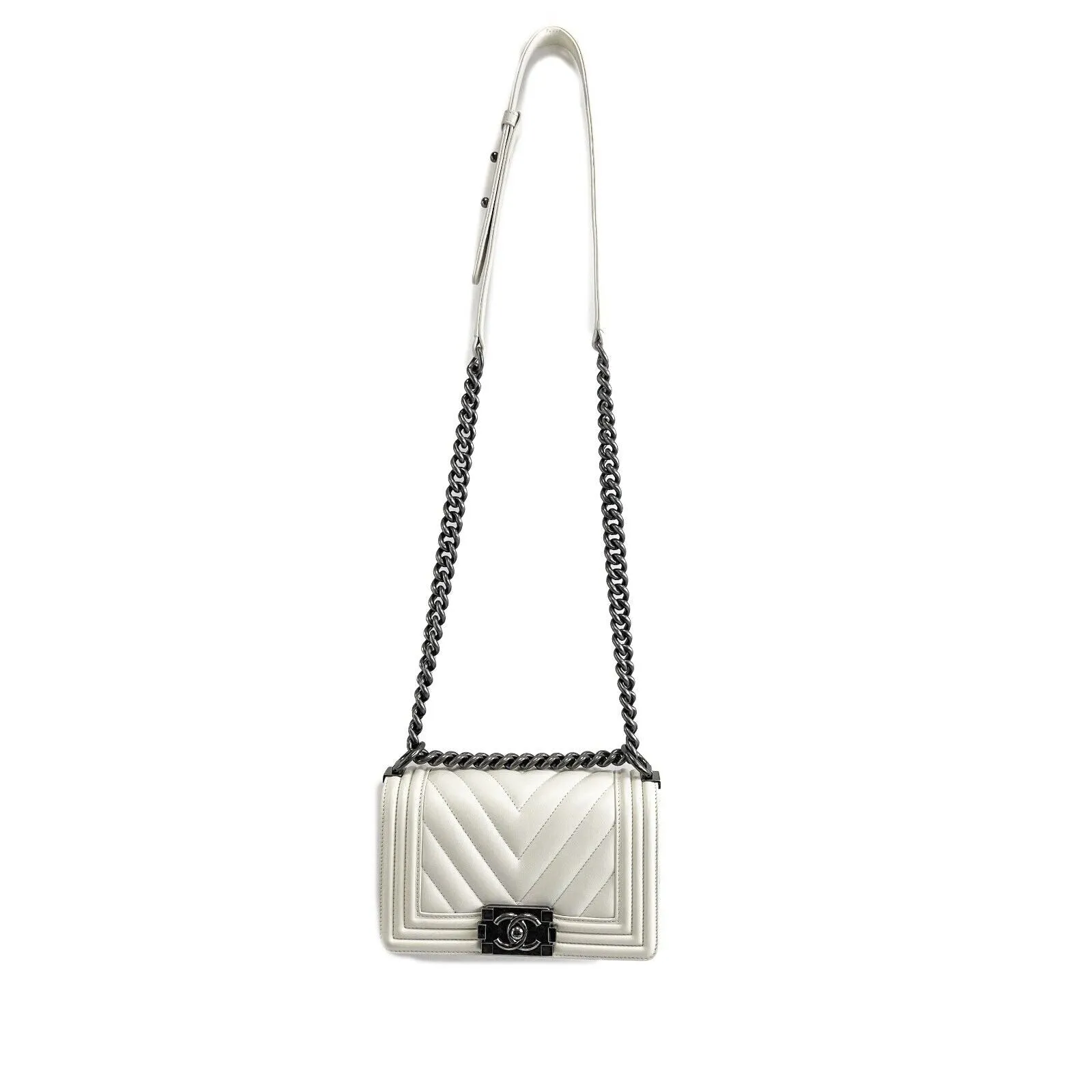 CHANEL Boy Flap Chevron Quilted White Shoulder Bag Mini