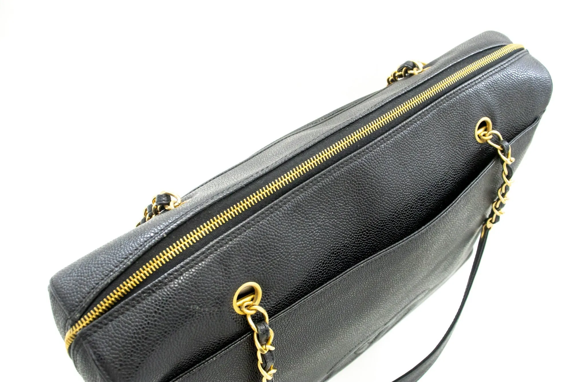CHANEL Caviar Big Large Chain Shoulder Bag Black Leather Gold Zip