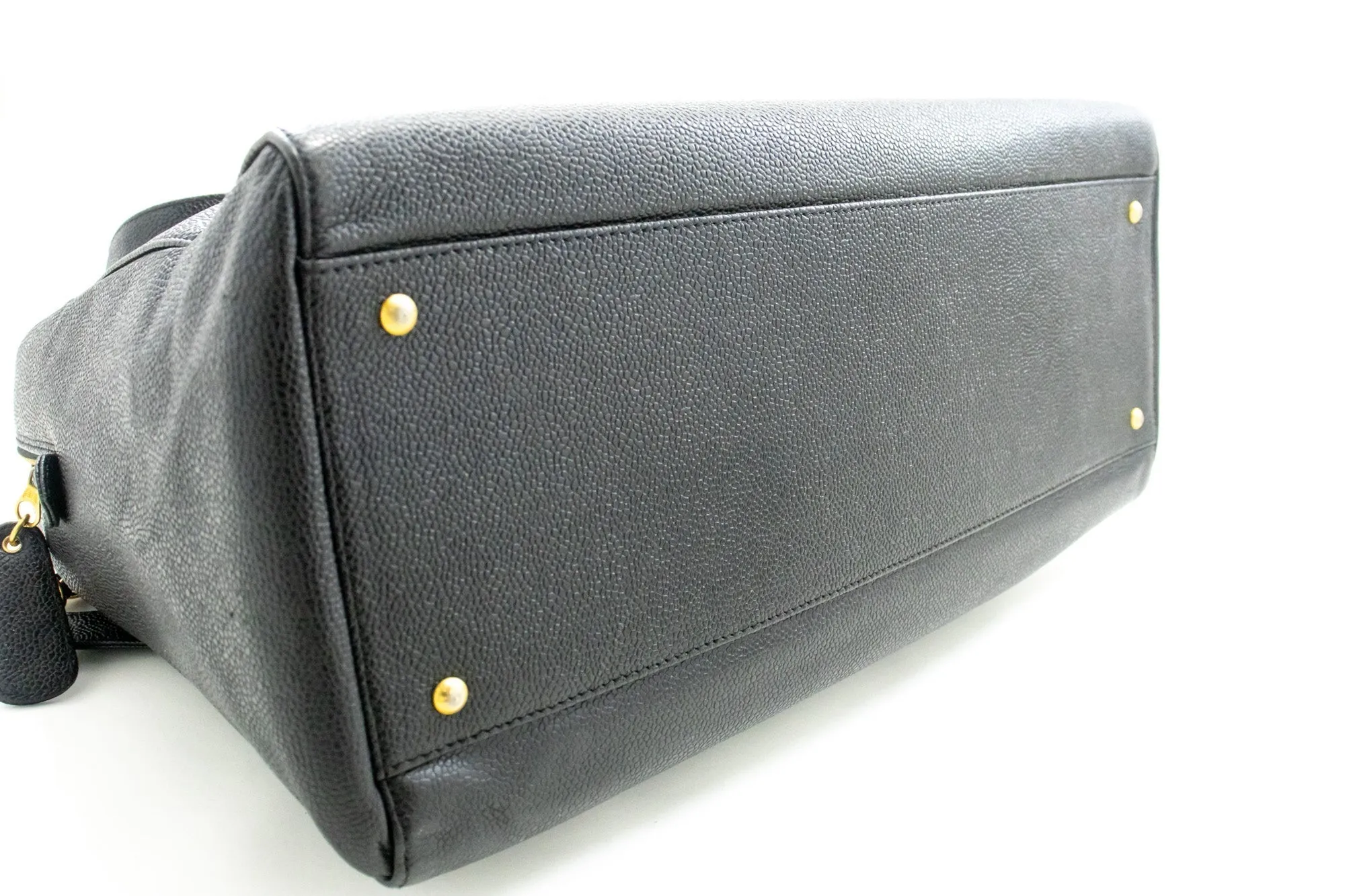 CHANEL Caviar Big Large Chain Shoulder Bag Black Leather Gold Zip