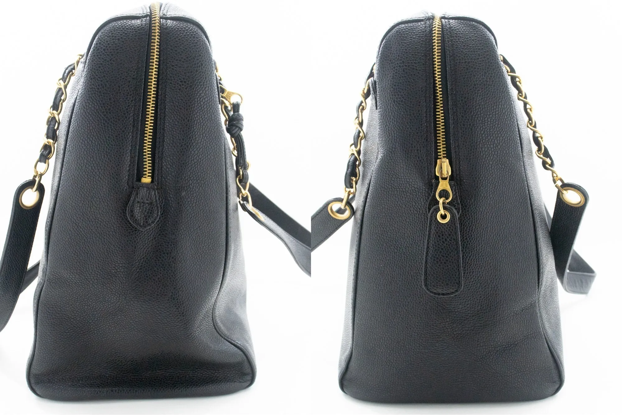 CHANEL Caviar Big Large Chain Shoulder Bag Black Leather Gold Zip