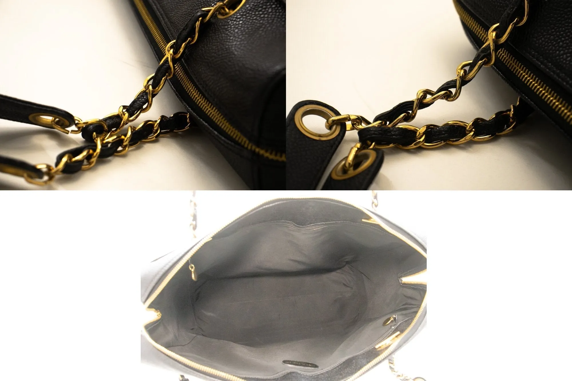 CHANEL Caviar Big Large Chain Shoulder Bag Black Leather Gold Zip