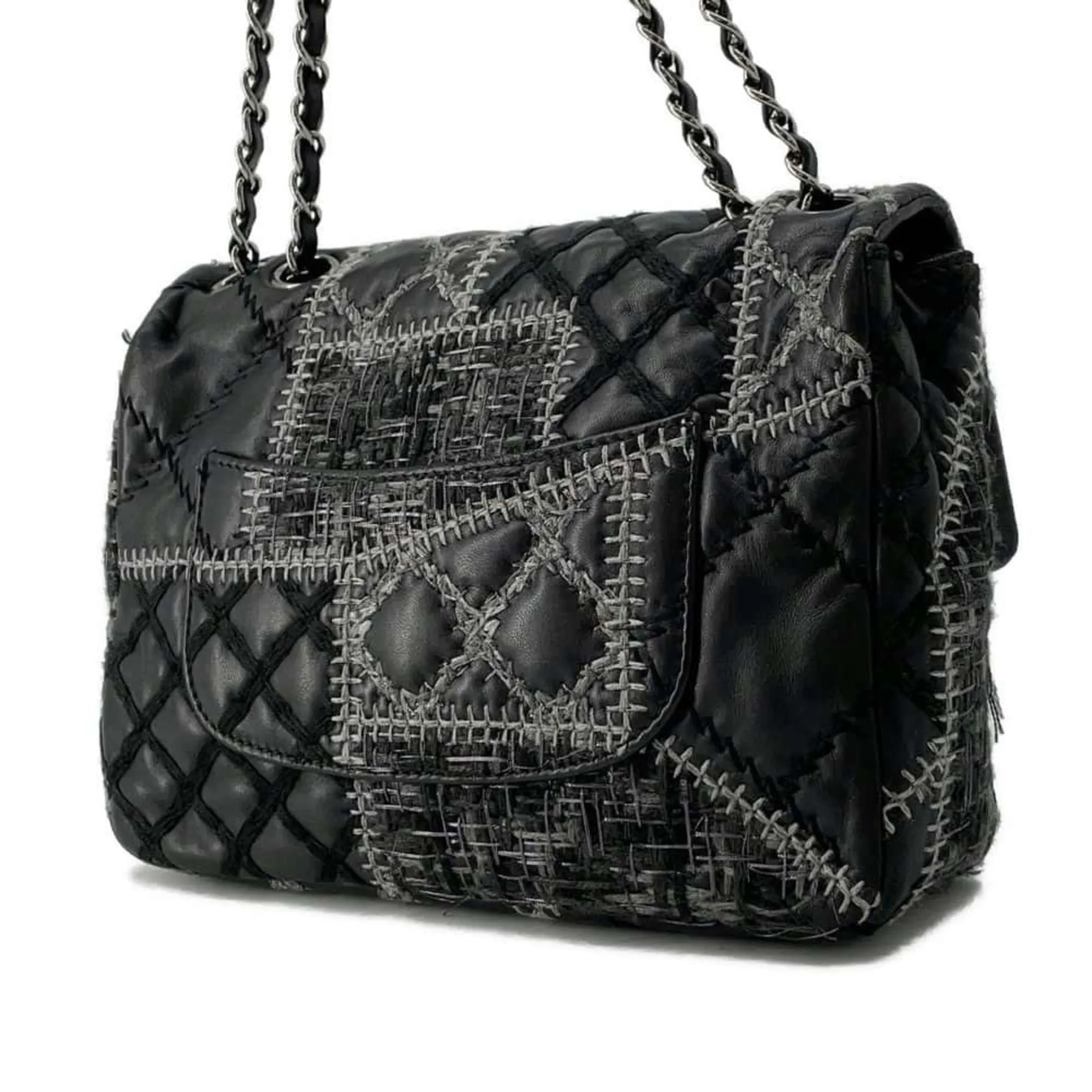 Chanel Chain Shoulder Bag Coco Mark Patchwork Tweed Lambskin CHANEL Black
