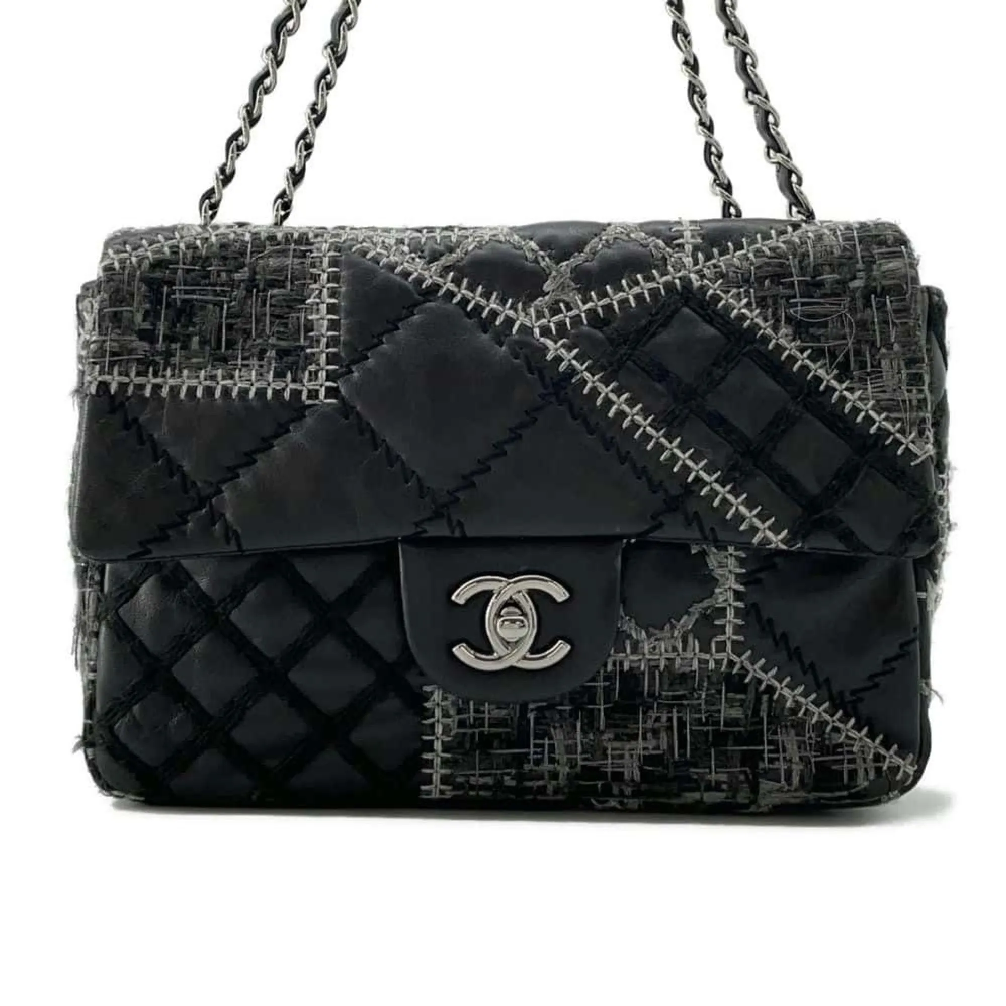 Chanel Chain Shoulder Bag Coco Mark Patchwork Tweed Lambskin CHANEL Black