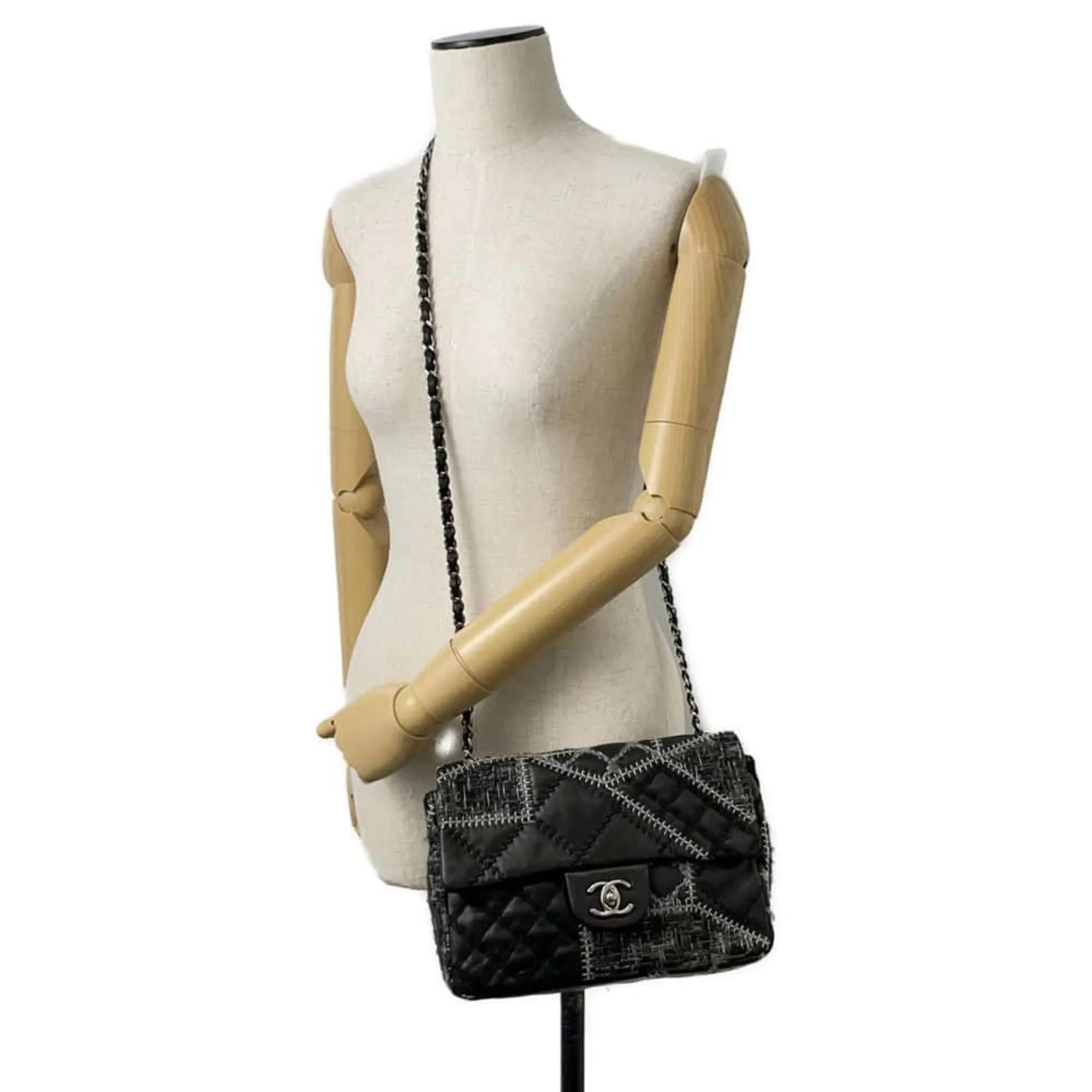 Chanel Chain Shoulder Bag Coco Mark Patchwork Tweed Lambskin CHANEL Black