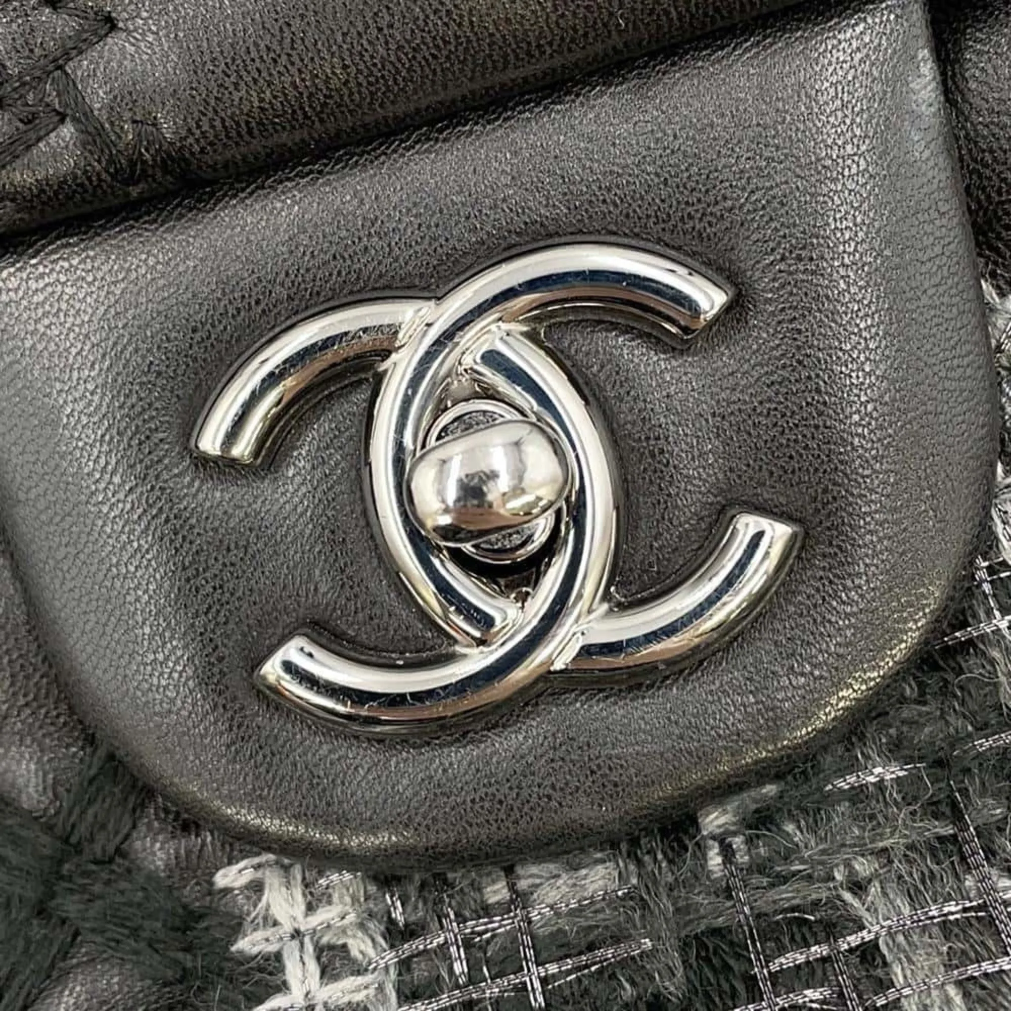 Chanel Chain Shoulder Bag Coco Mark Patchwork Tweed Lambskin CHANEL Black