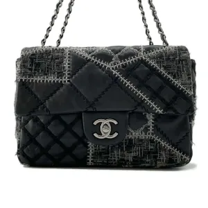 Chanel Chain Shoulder Bag Coco Mark Patchwork Tweed Lambskin CHANEL Black