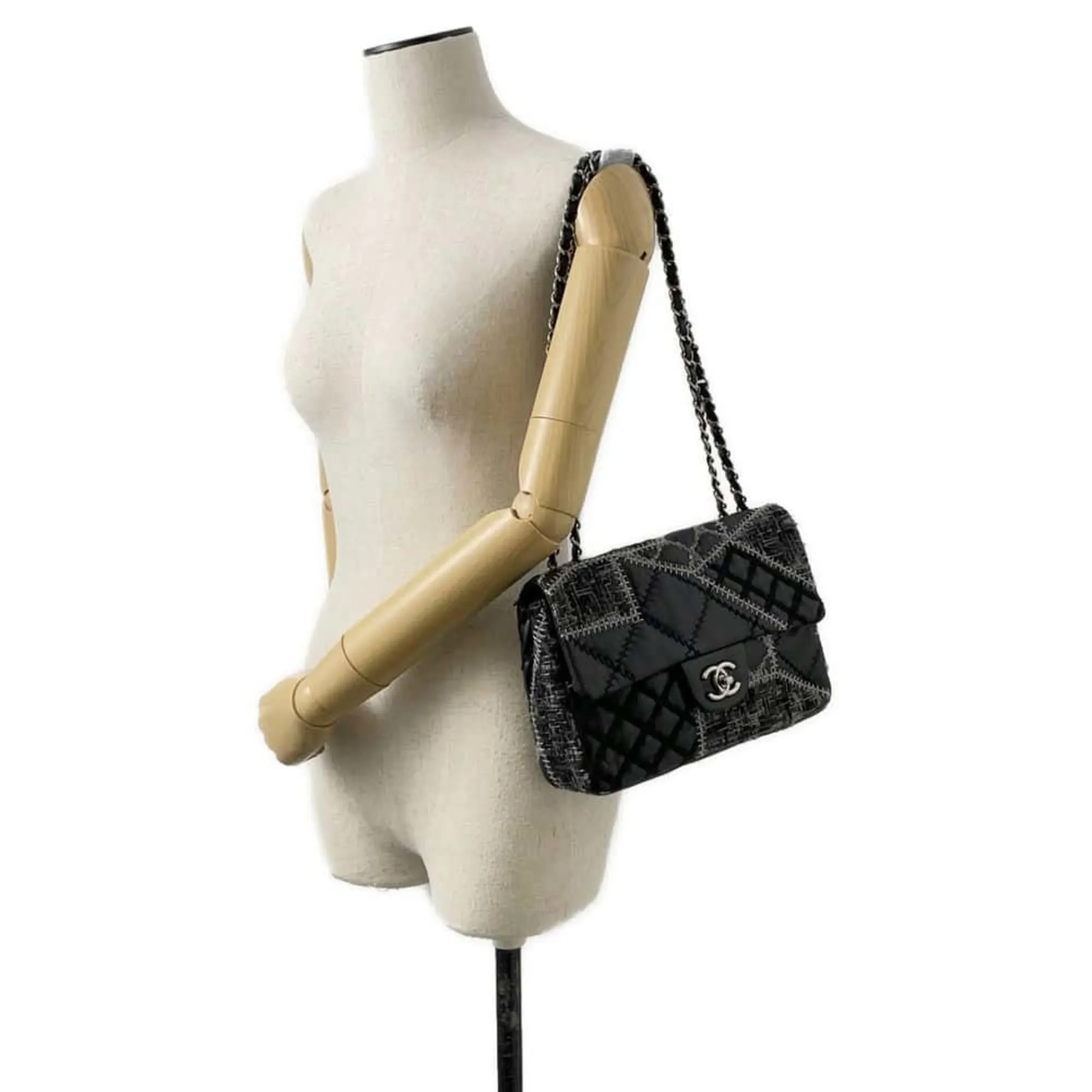 Chanel Chain Shoulder Bag Coco Mark Patchwork Tweed Lambskin CHANEL Black