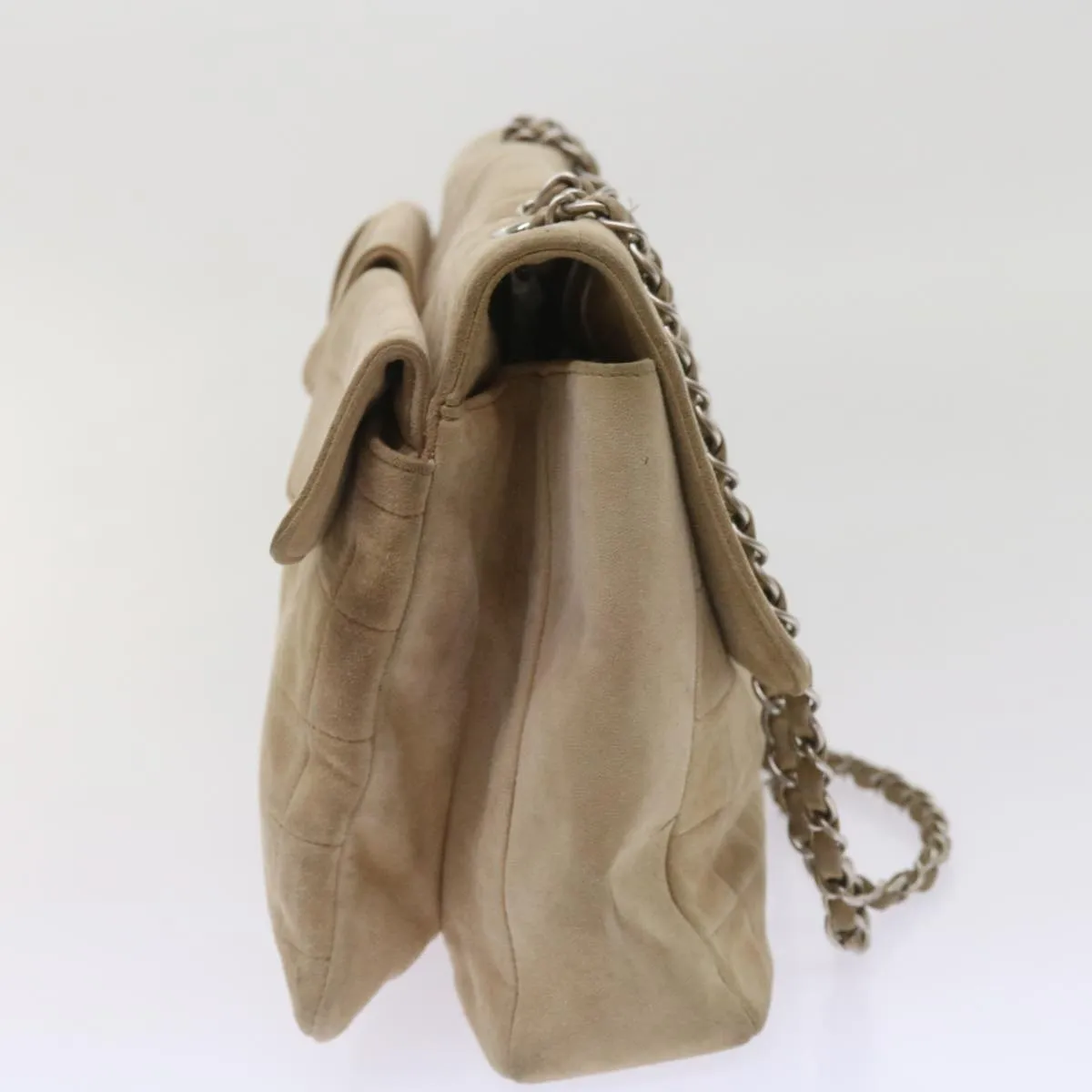 CHANEL Choco Bar Chain Shoulder Bag Suede Beige CC Auth bs11679