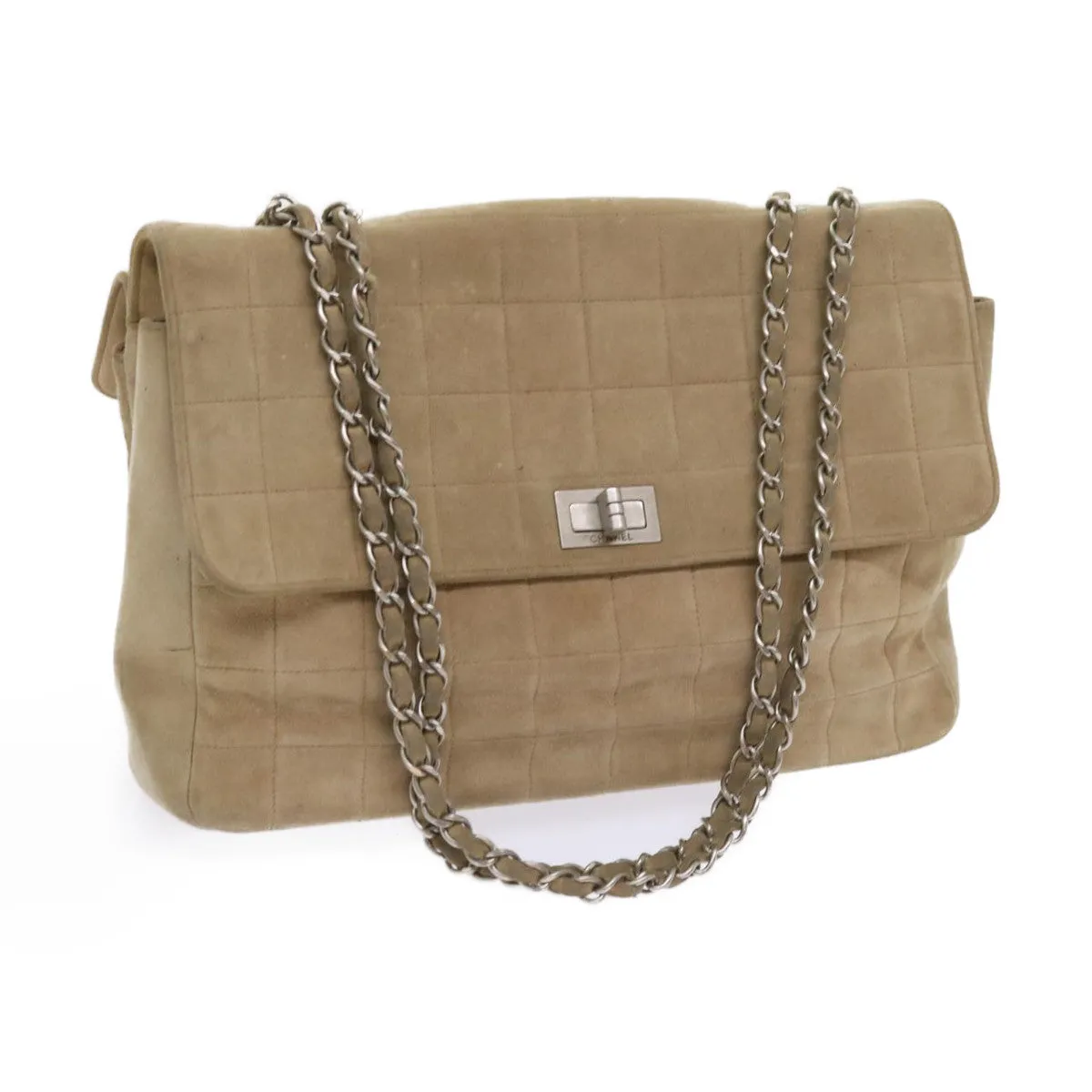 CHANEL Choco Bar Chain Shoulder Bag Suede Beige CC Auth bs11679