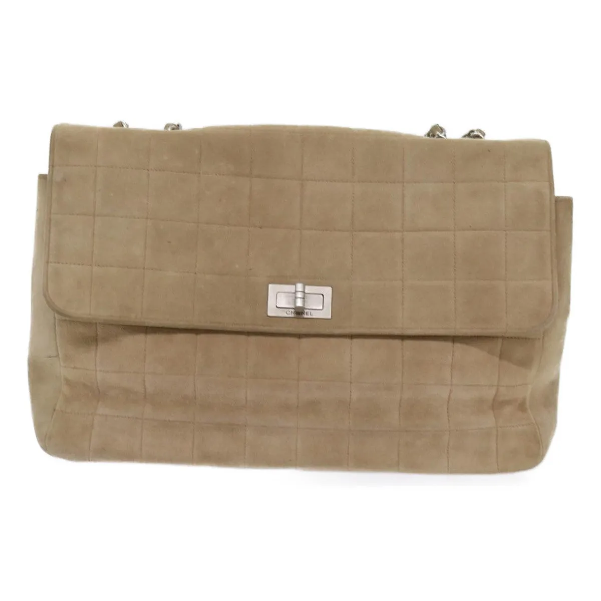 CHANEL Choco Bar Chain Shoulder Bag Suede Beige CC Auth bs11679