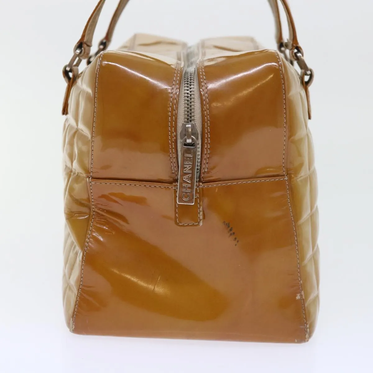 CHANEL Choco Bar Line Shoulder Bag Patent leather Yellow CC Auth bs7801