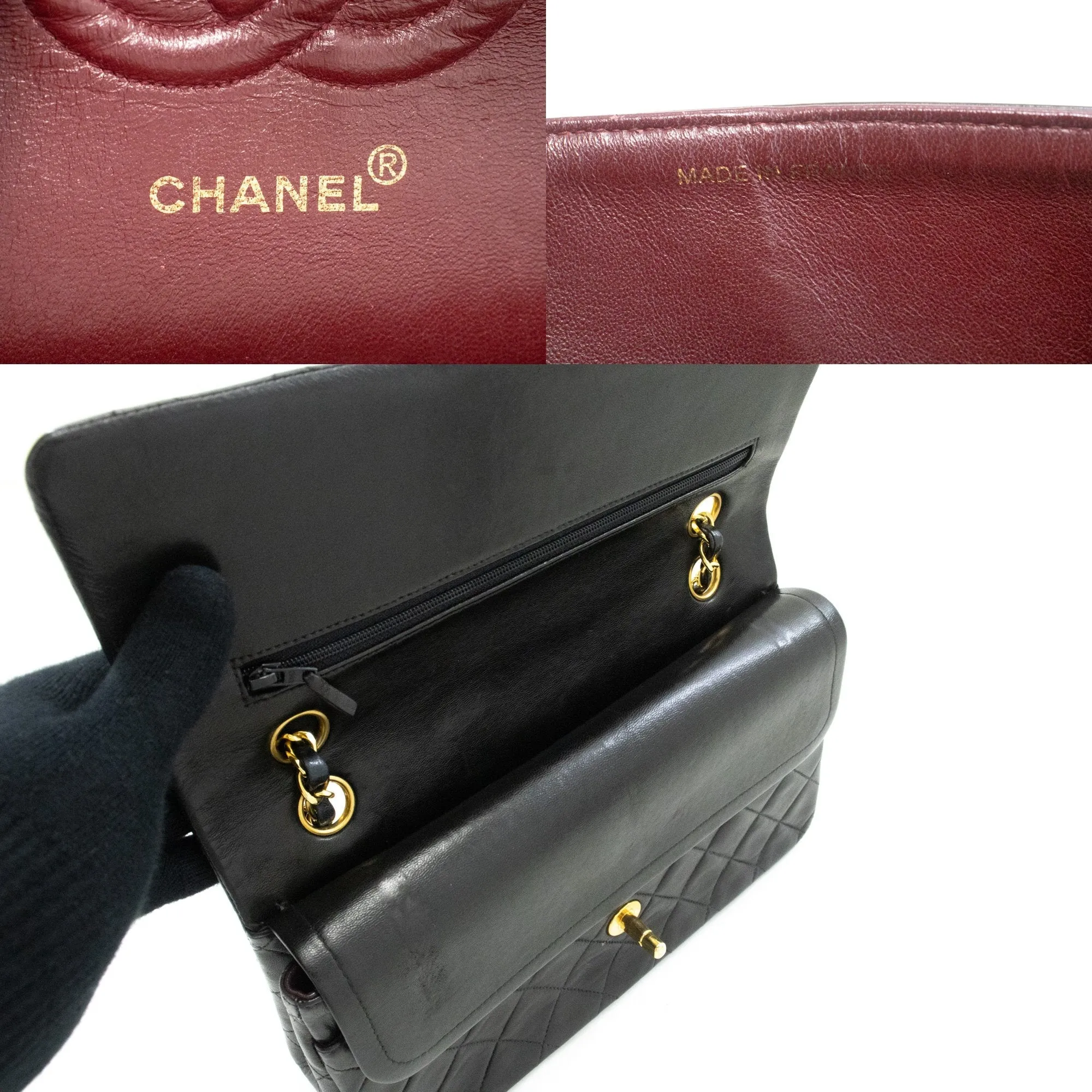 CHANEL Classic Double Flap 10" Chain Shoulder Bag Black Lambskin
