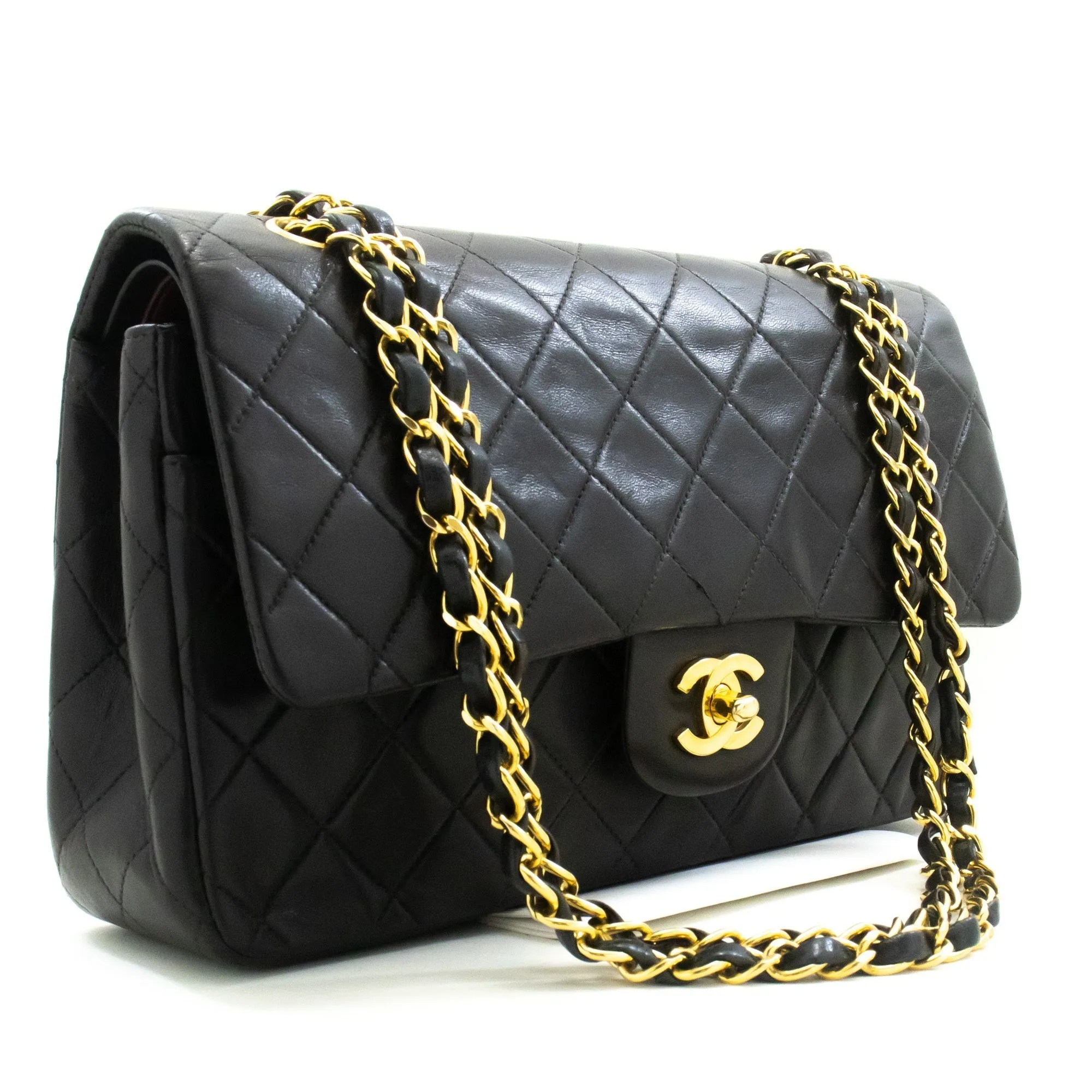 CHANEL Classic Double Flap 10" Chain Shoulder Bag Black Lambskin