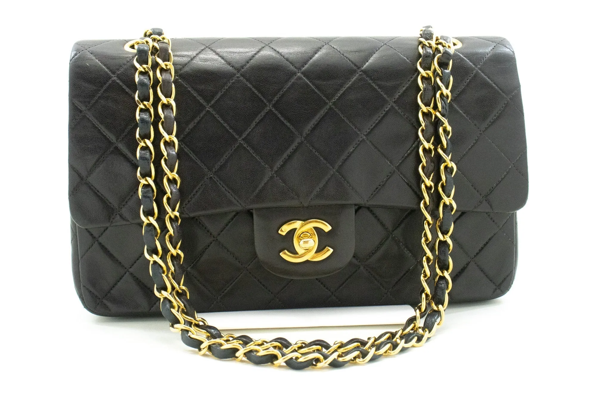 CHANEL Classic Double Flap 10" Chain Shoulder Bag Black Lambskin