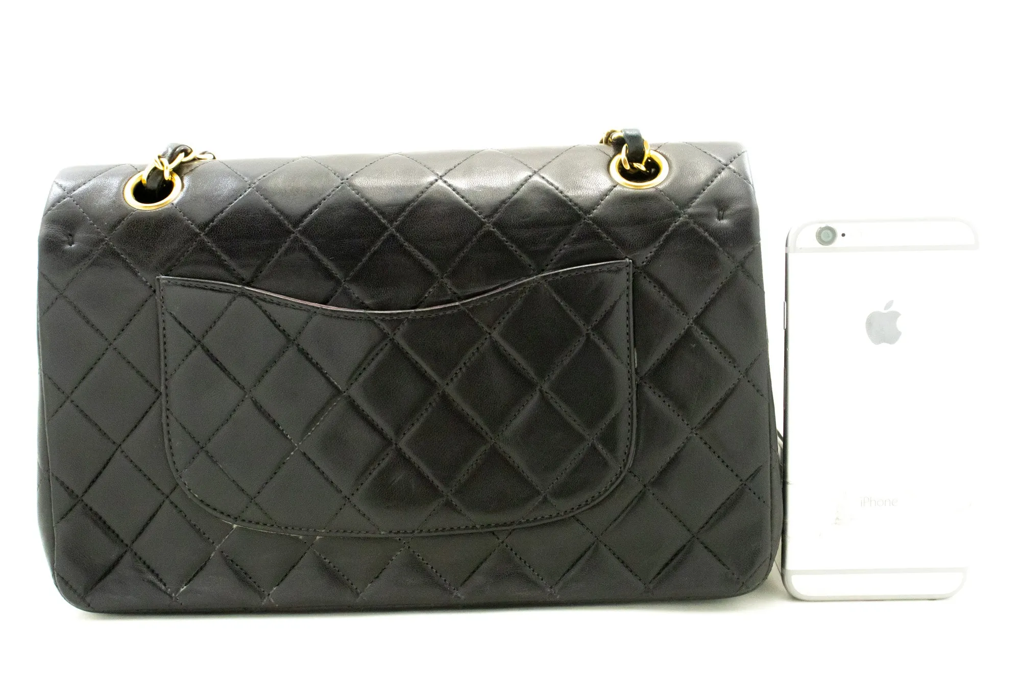 CHANEL Classic Double Flap 10" Chain Shoulder Bag Black Lambskin