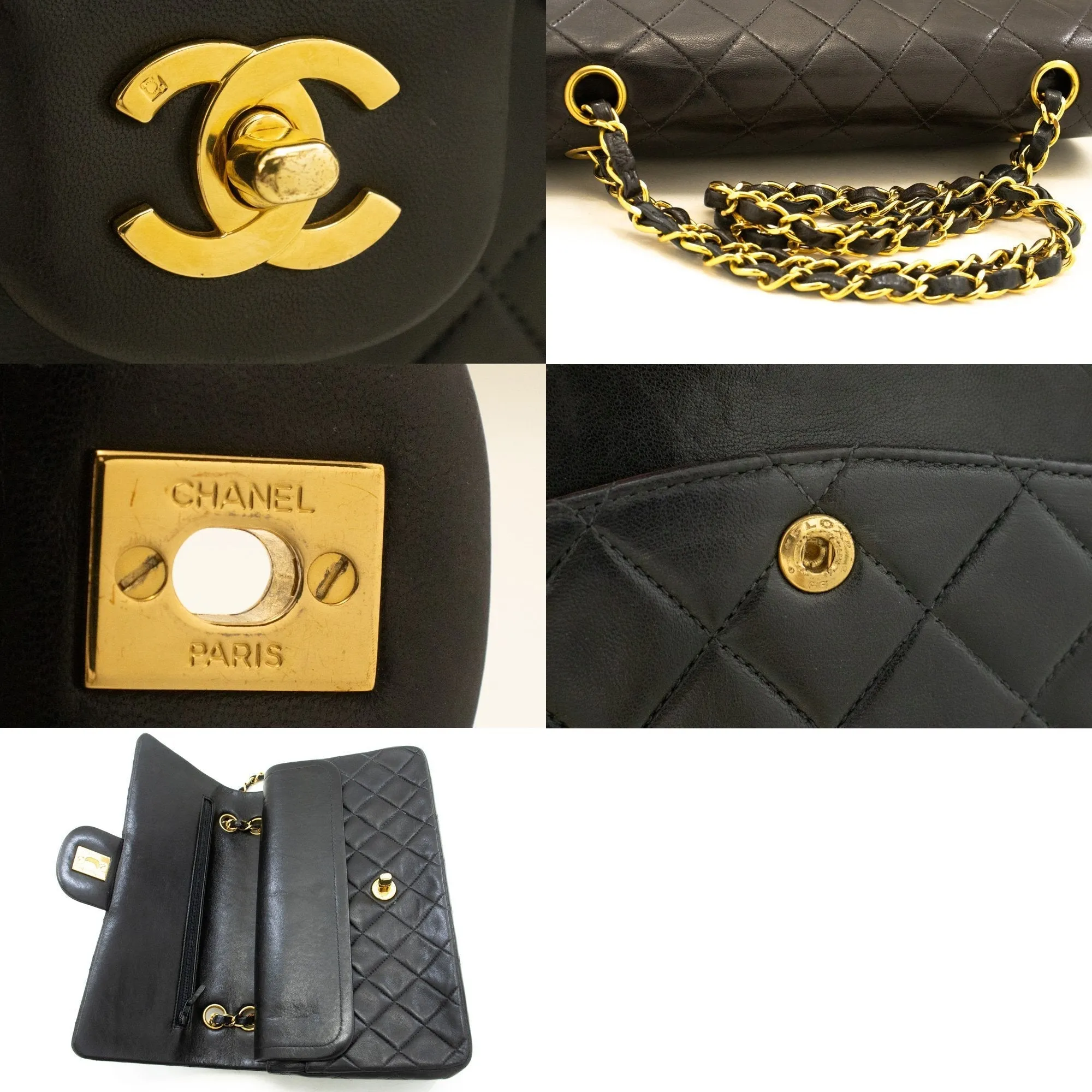 CHANEL Classic Double Flap 10" Chain Shoulder Bag Black Lambskin