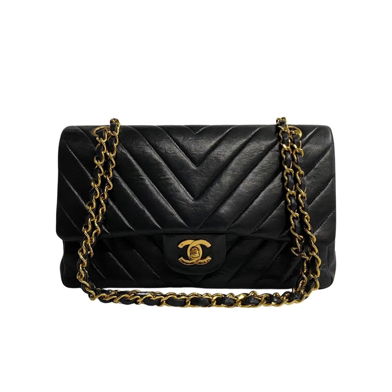 Chanel Medium Chevron Double Flap Bag Leather Shoulder Bag in Good condition