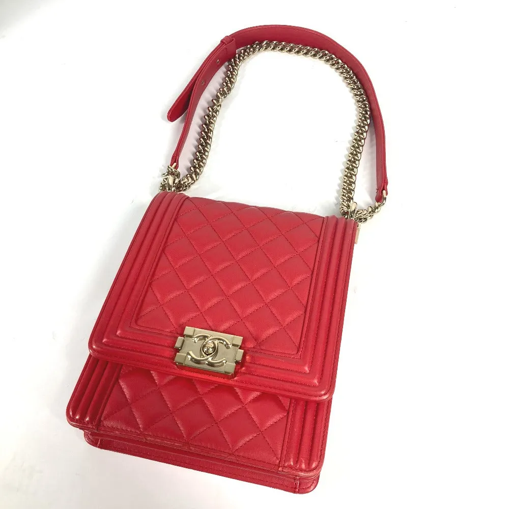 CHANEL Shoulder Bag leather Red CC COCO Mark Quilting Matelasse Vertical Boy Chanel Women Used