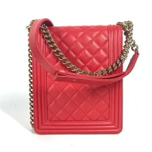 CHANEL Shoulder Bag leather Red CC COCO Mark Quilting Matelasse Vertical Boy Chanel Women Used