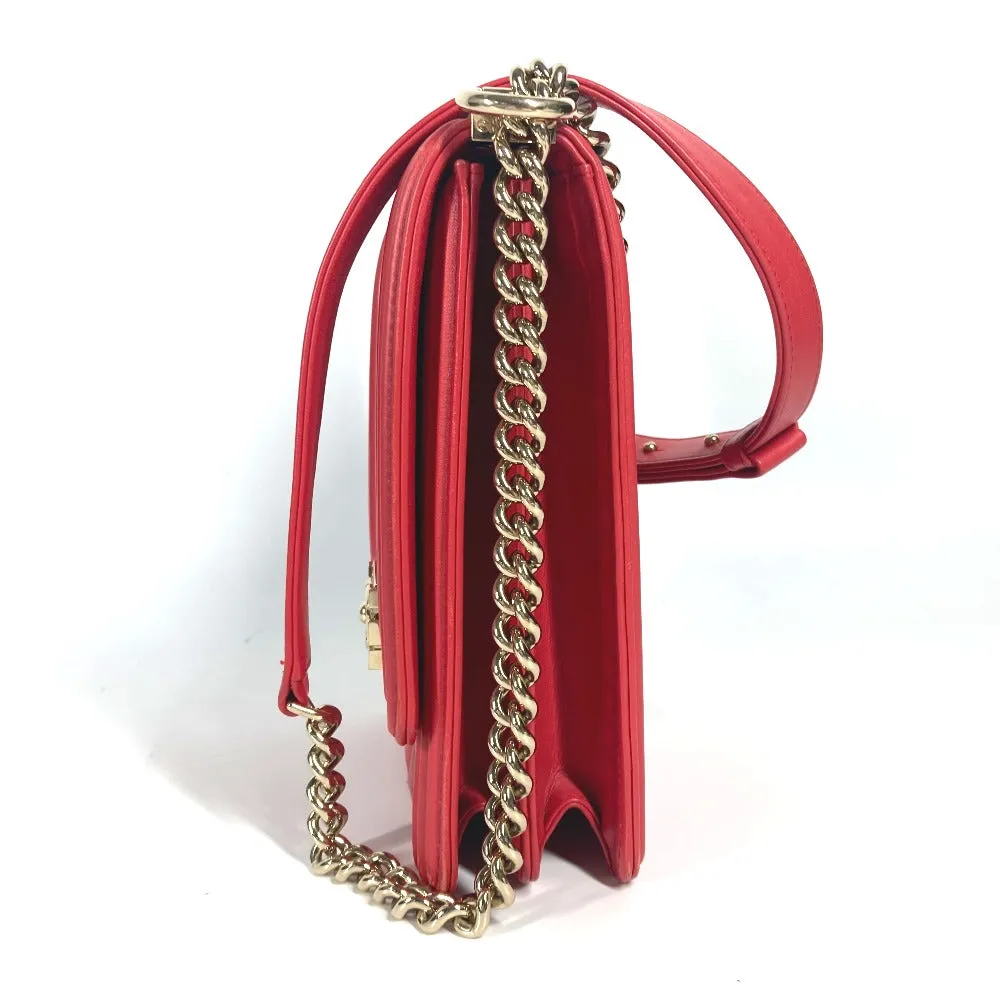 CHANEL Shoulder Bag leather Red CC COCO Mark Quilting Matelasse Vertical Boy Chanel Women Used