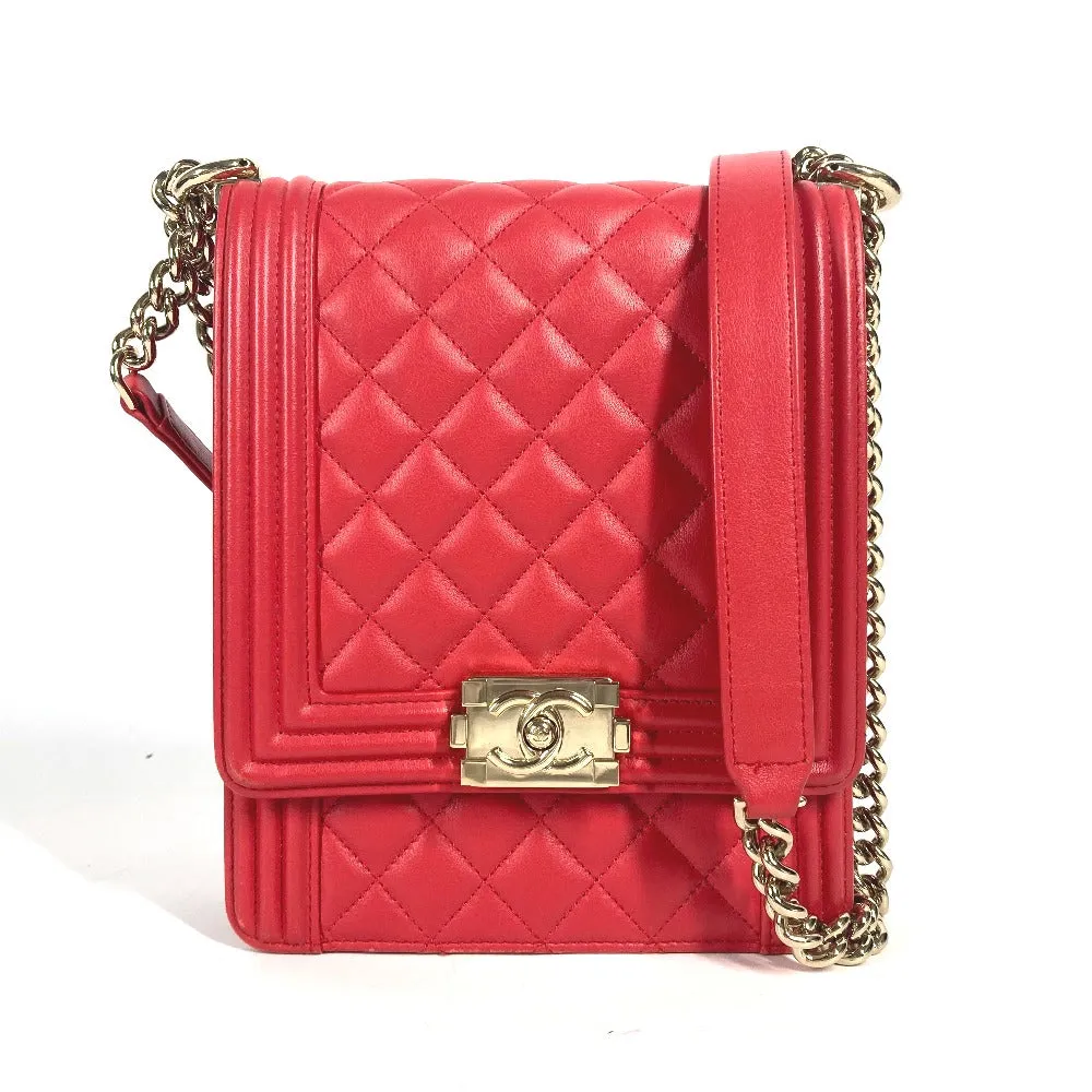 CHANEL Shoulder Bag leather Red CC COCO Mark Quilting Matelasse Vertical Boy Chanel Women Used
