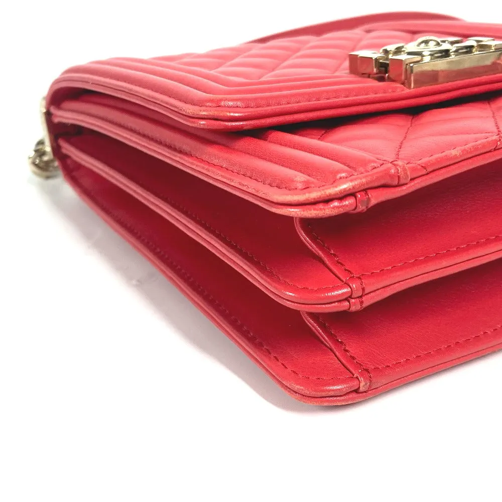 CHANEL Shoulder Bag leather Red CC COCO Mark Quilting Matelasse Vertical Boy Chanel Women Used